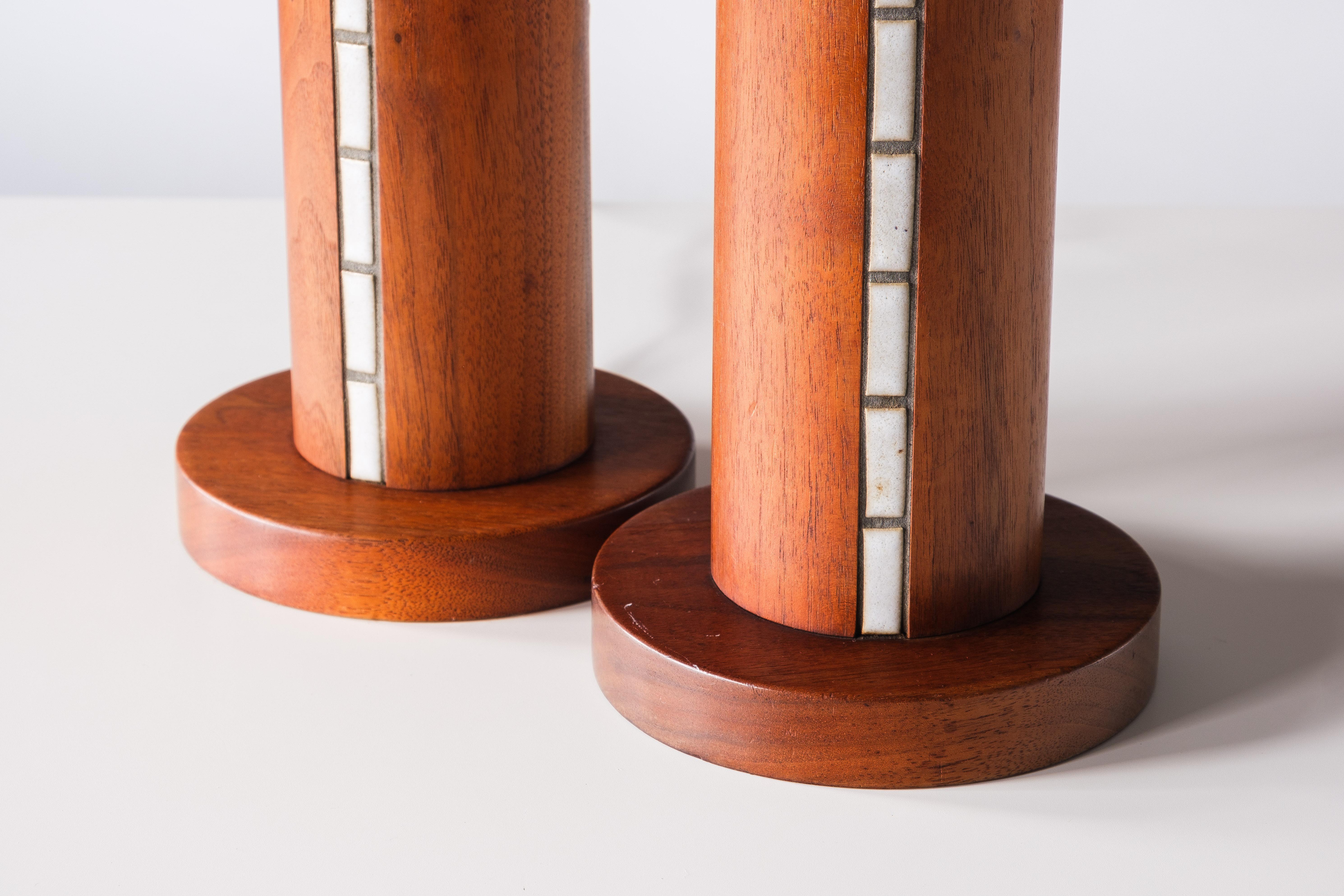 Gordon & Jane Martz / Marshall Studios Turned Walnut + Ceramic Tile Inlay Lamps In Good Condition In Portland, OR