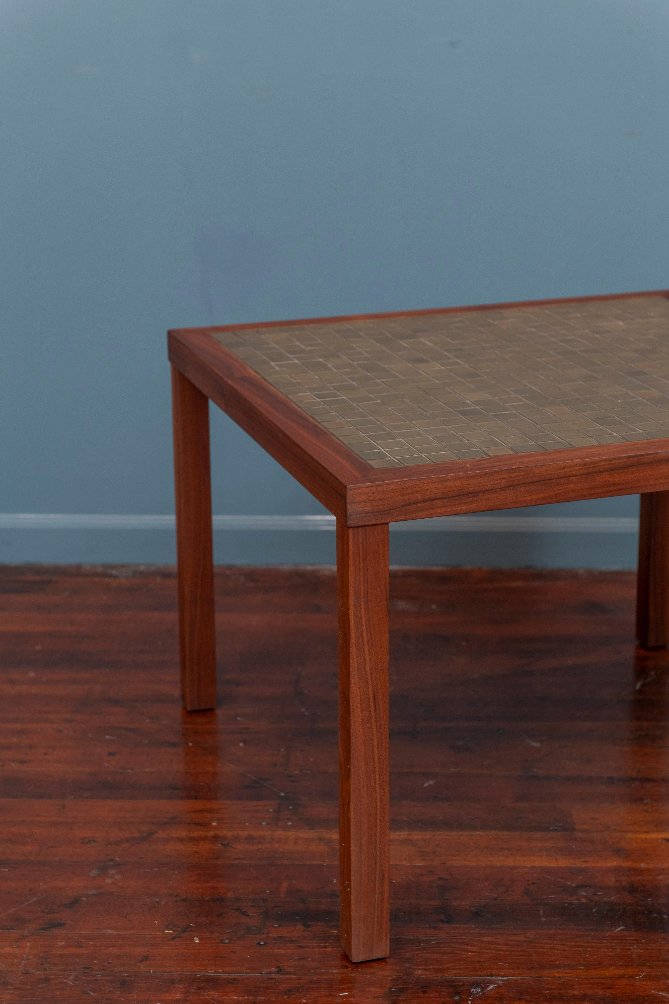 Gordon & Jane Martz design tile top end table for Marshall Studios, N.Y. Handsome end table in a solid walnut frame with inlaid avocado colored ceramic tiles. Simple yet sophisticated in its minimalism made with high quality materials and execution,