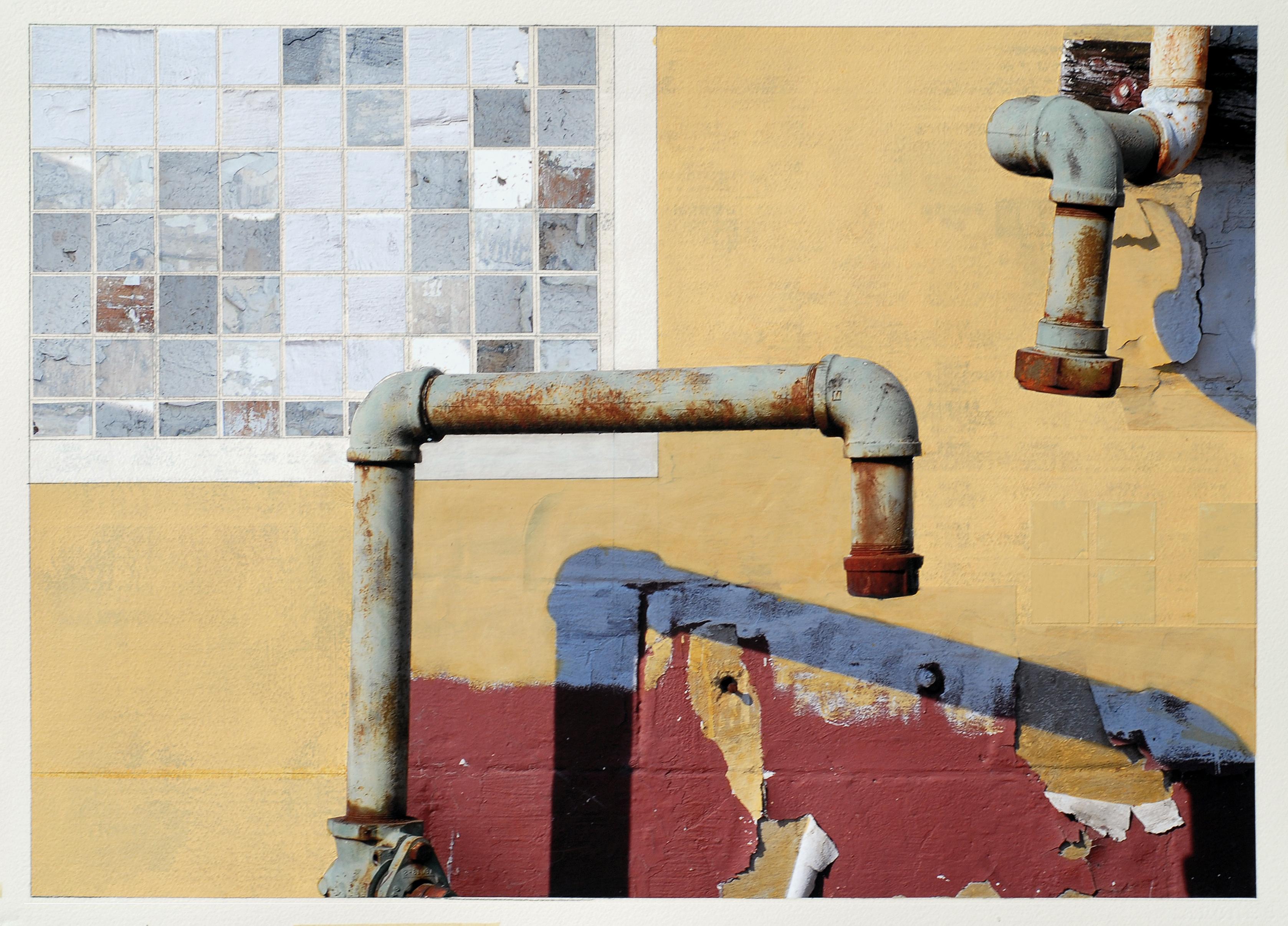Lee pays close attention to industrial space in Pipe Fiction. In this mixed media work on paper, the artist transforms an average exterior shot into an interesting composition through his use of vibrant colors and various textures. Intrigue lies