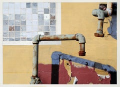 Gold and red photorealist painting, "Pipe Fiction", Gordon Lee, mixed media