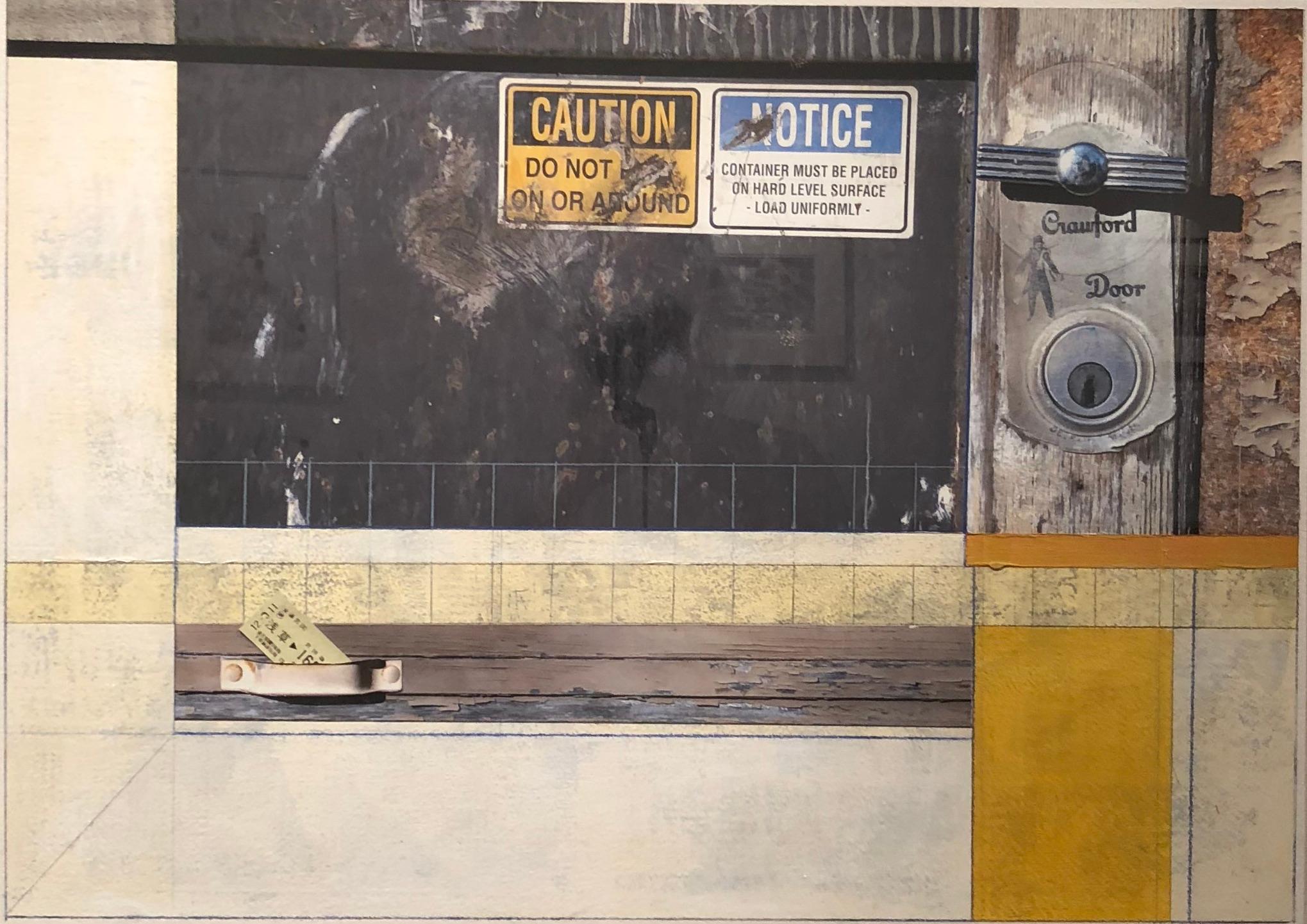 mixed media collage with yellow and gray, "Crawford Door" - Mixed Media Art by Gordon Lee