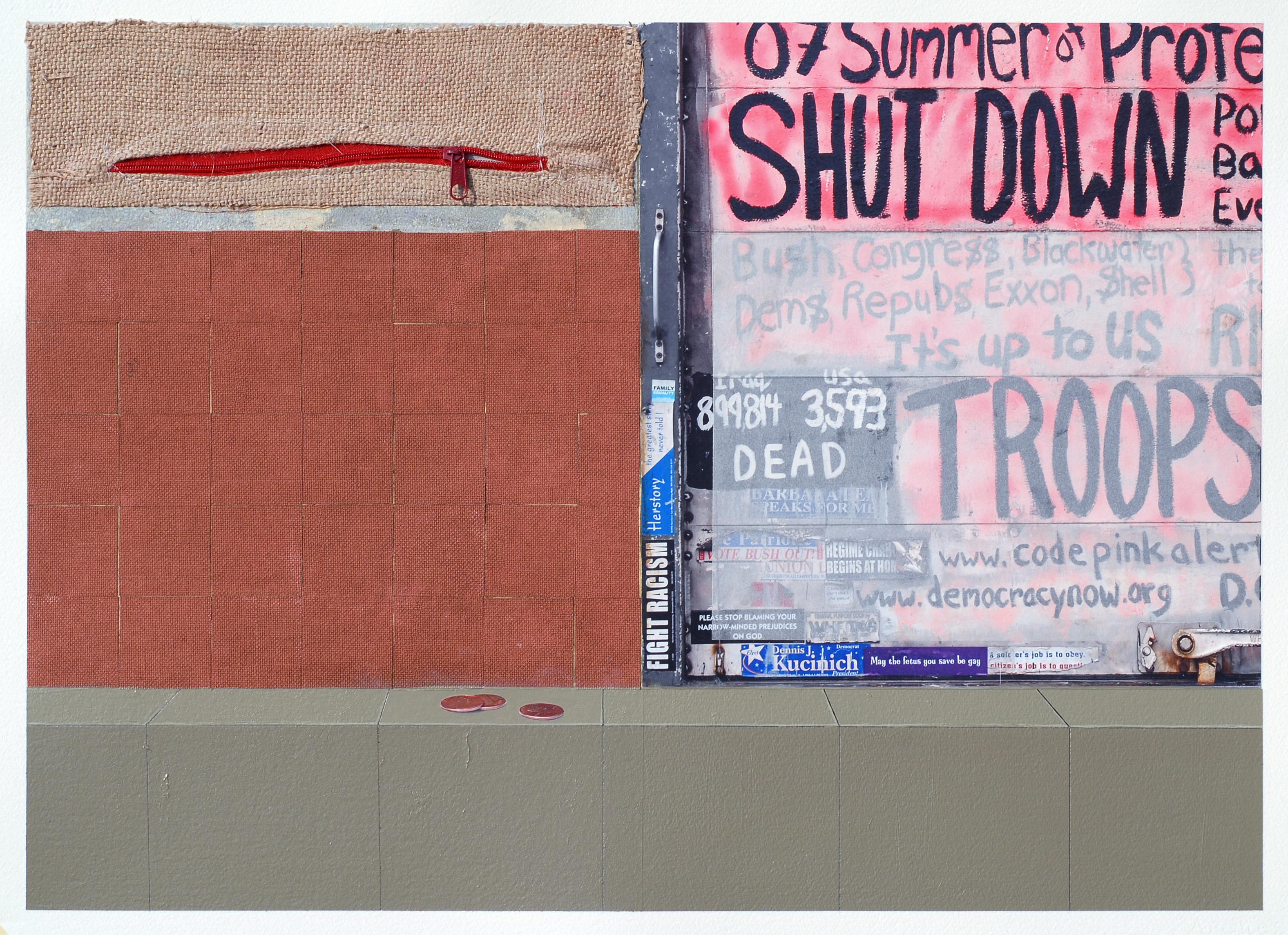 Wealth of a Nation is a mixed media piece with a political message. Lee’s imperfect lettering and airbrush technique gives the appearance of spray-paint on the industrial wall, while worn bumper stickers litter the surface. The numerous collaged