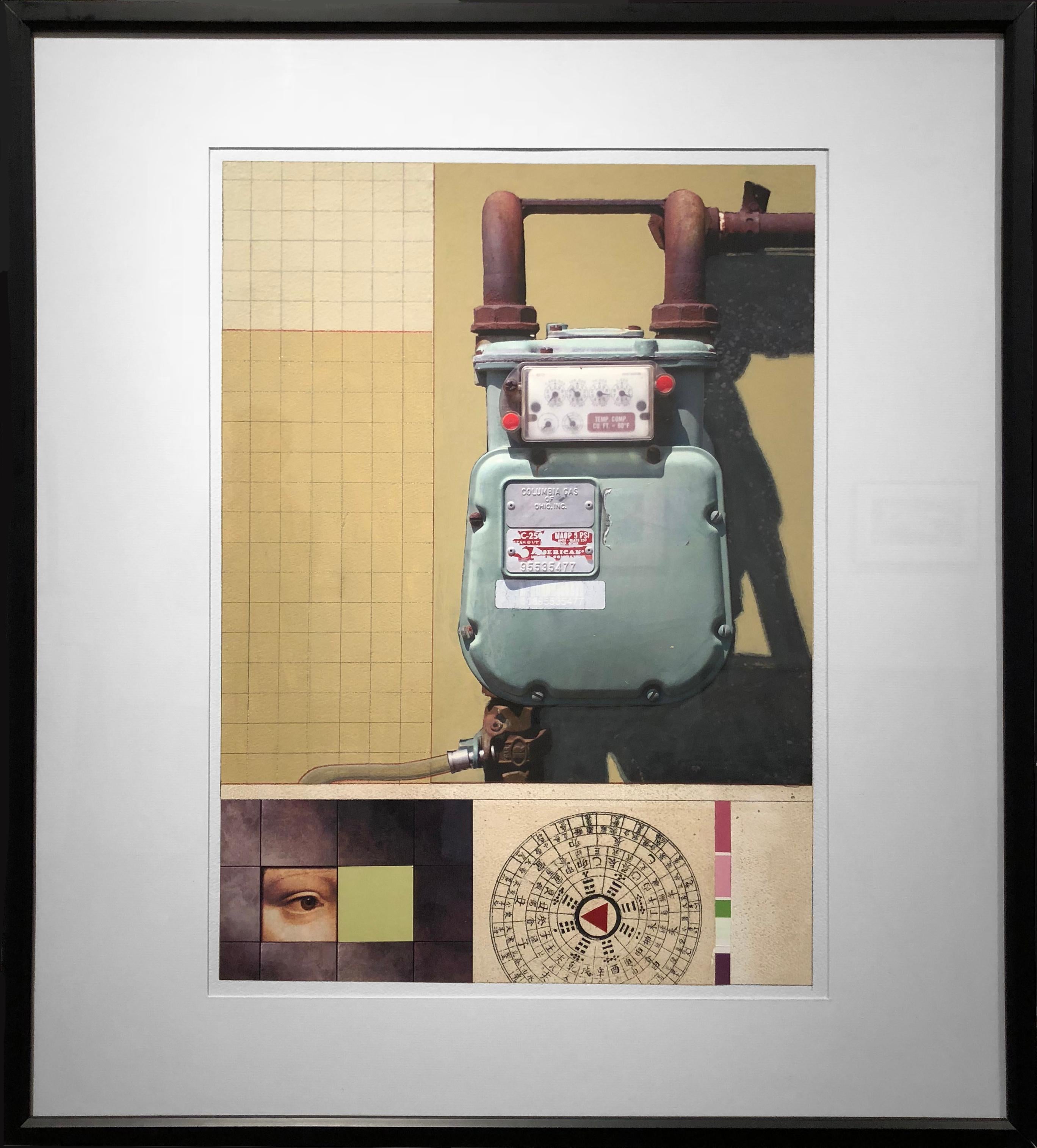 Lee enhances industrial spaces in Fung Shui Meter. A mixed media work on paper, the artist combines a gas meter and a Fung Shui compass, used to determine the correct location for optimal spatial harmony, in order to create a Fung Shui Meter. The
