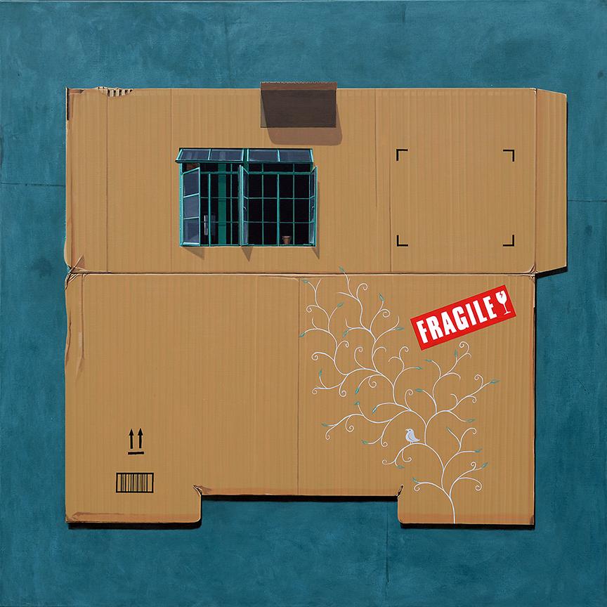 The oil and acrylic painting, Model Home-Fragile, plays with the idea of a typical manufactured model home. Lee renders a hyper realistic cardboard box, which serves as the basis for the model. The box features an intricate multi-paned window, which