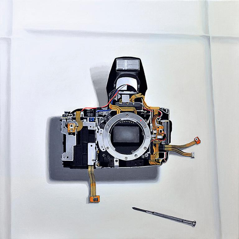 The acrylic on linen work, "Double Exposure," by Gordon Lee features a deconstructed film camera. With the outer layer of hardware removed, one can see the inner workings of the camera. Bright red, blue, and gold wires add a pop of color to the