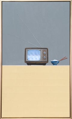 Photorealist painting with yellow and gray, "Tv Dinner", oil acrylic on canvas