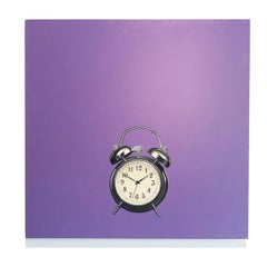 Photorealist purple painting with alarm clock, Gordon Lee, “High Time”
