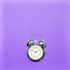 Photorealist purple painting with alarm clock, Gordon Lee, “High Time”