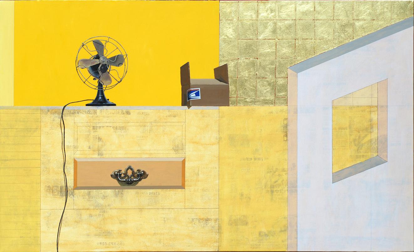 Gordon Lee's "Priority Mail" is filled with whim. Featuring numerous different shades of yellow, including gold leaf, the work depicts a hyperrealistic metal fan and a UPS box in an interior setting. Below the fan, jutting out from the painted