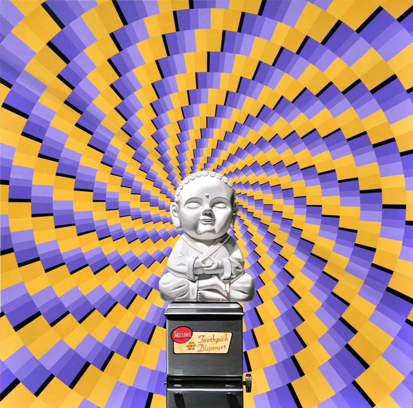 Lee takes a playful approach to a meditating Buddha in Nirvana High. The oil and acrylic painting features a jovial, young Buddha sitting atop a toothpick dispenser. The bright yellows and purples of the geometric spiral background give an
