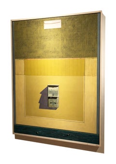 Yellow Green Blue painting, "Mail Box" (Photorealism, Abstraction, Color-Field)
