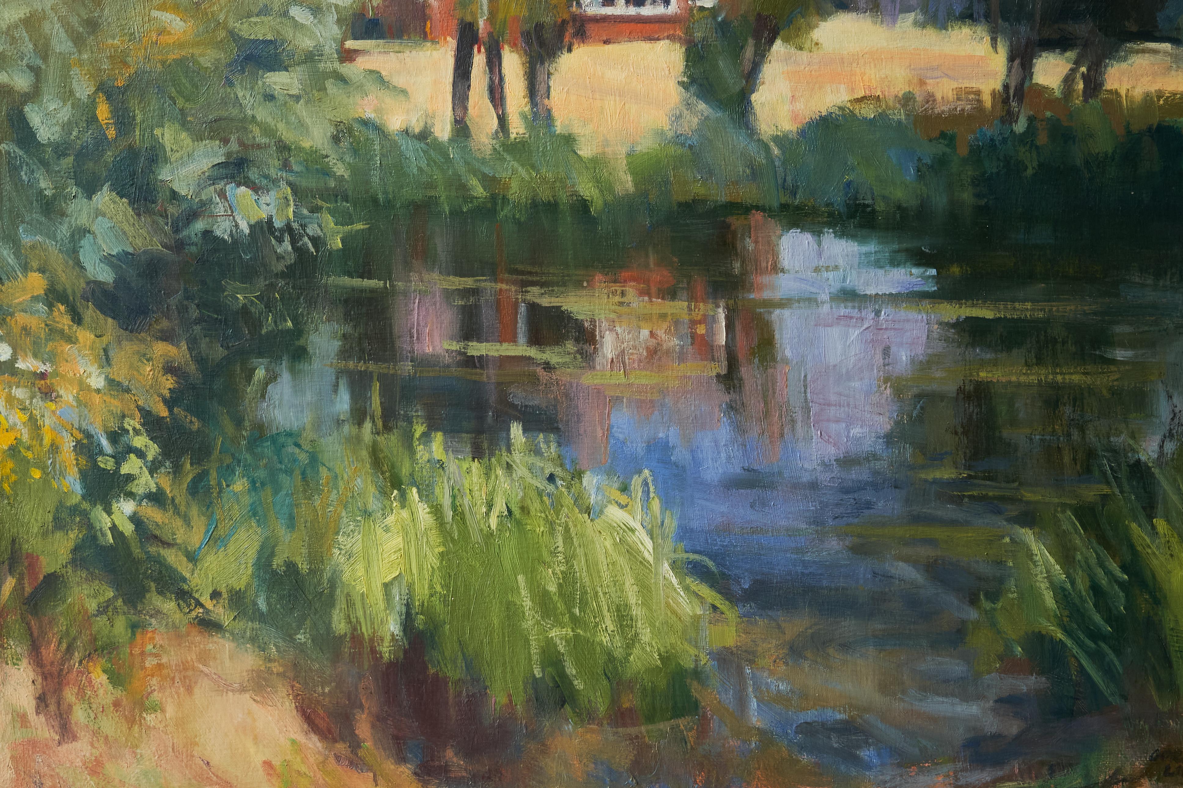 Mid-Century Modern Gordon Lillford Landscape with Pond Oil on Board United Kingdom 1950s For Sale