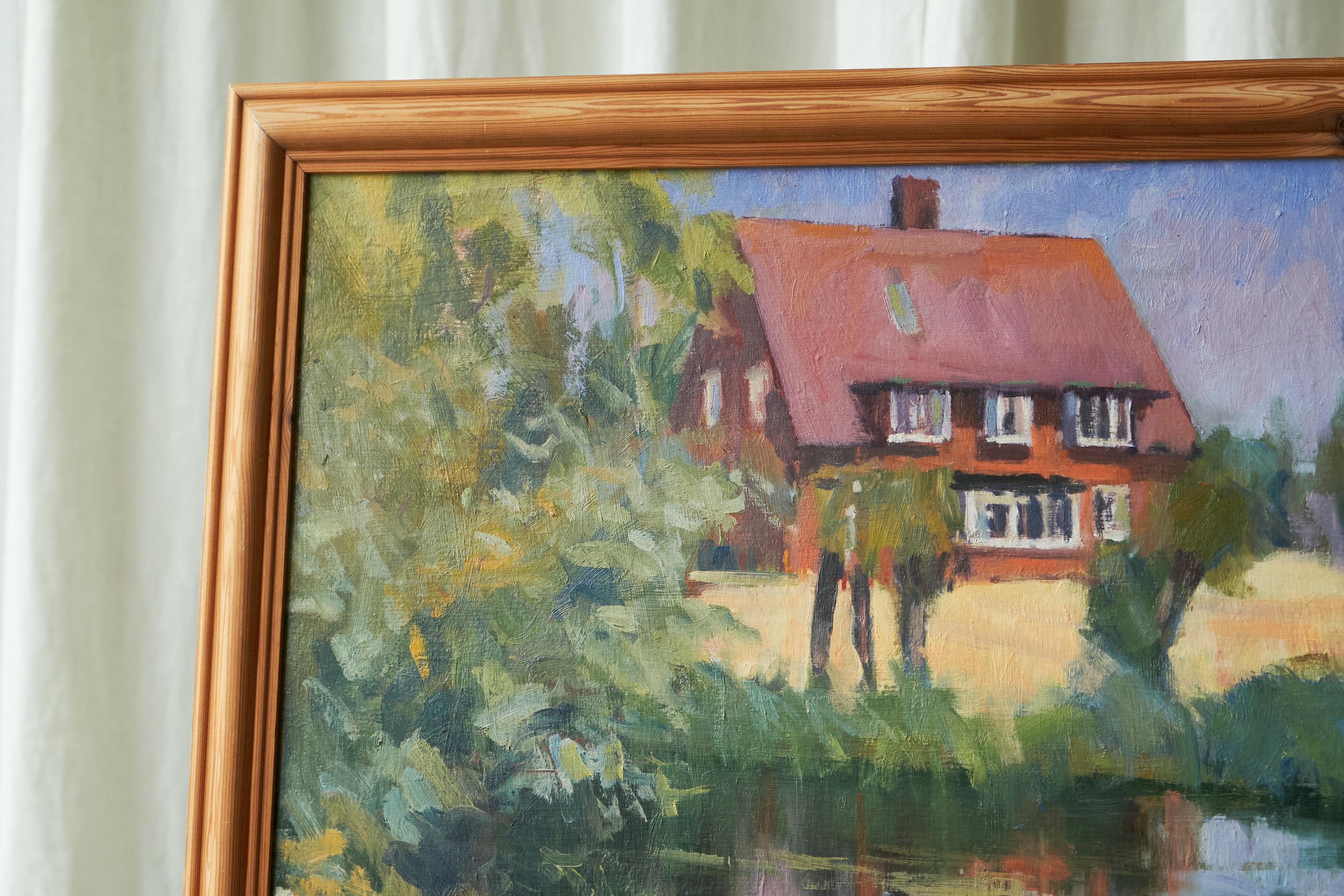 British Gordon Lillford Landscape with Pond Oil on Board United Kingdom 1950s For Sale