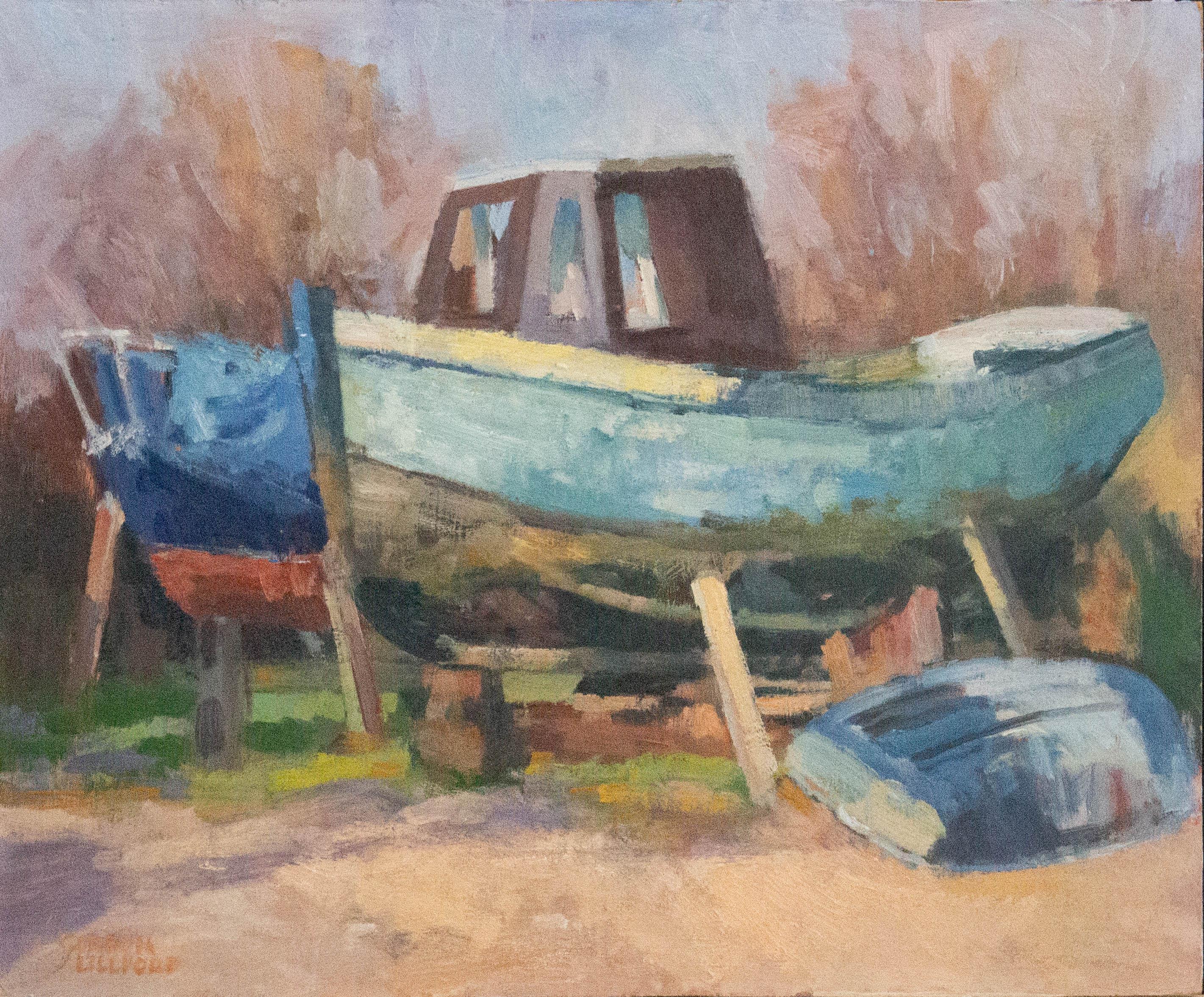 A vibrant oil painting by the artist Gordon Lillford, depicting a boat on land. Signed to the lower left-hand corner. On canvas.
