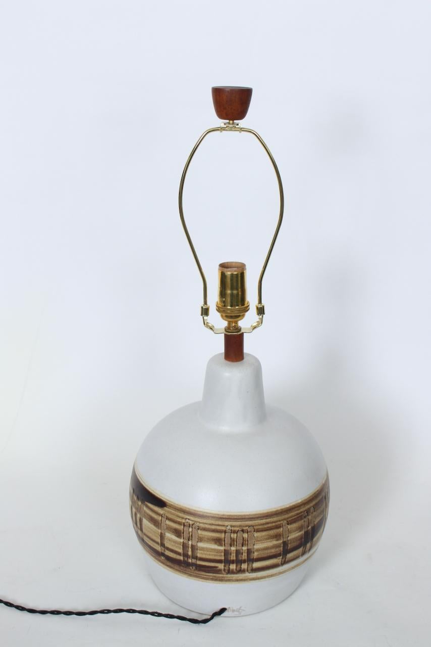 Glazed Gordon Martz for Marshall Studios Brown Drip Banded White Stoneware Table Lamp For Sale