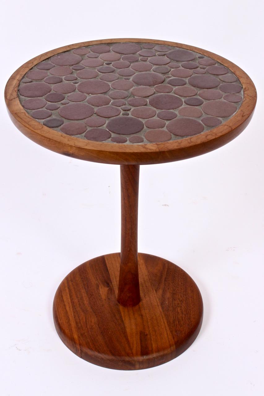 Gordon Martz for Marshall Studios TOR-30R Dark Walnut & Ceramic Tile Occasional Table, 1960's. Featuring a sturdy circular Deep Walnut frame, round Deep Dark Brown matte tile surface with weighted casting to 9.5D base. Classic. Versatile. Earthen.