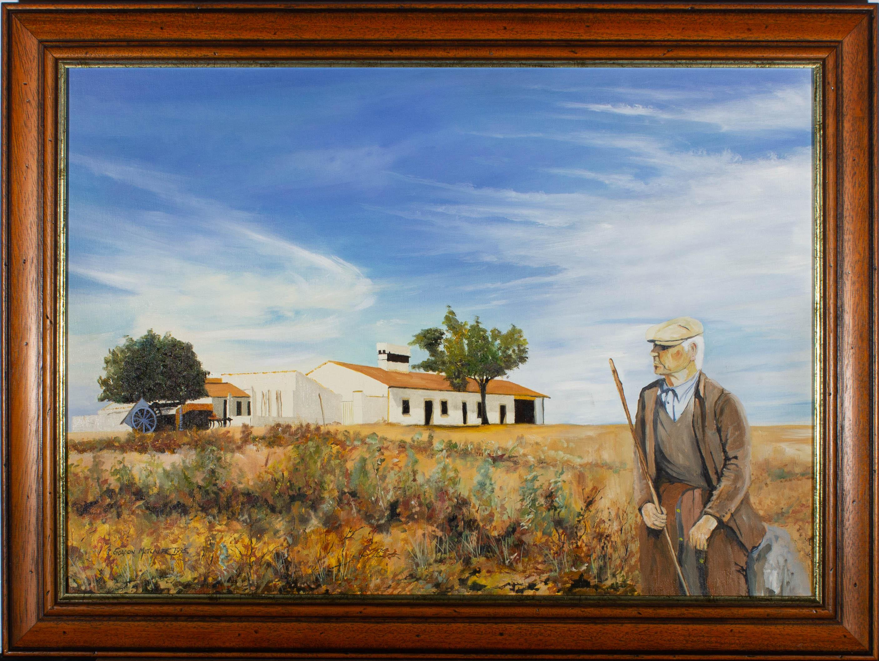 Une belle huile du 20e siècle montrant un agriculteur debout dans son champ en train d'arpenter la terre cachée dans l'Alentejo, au Portugal. L'artiste a signé et daté dans le coin inférieur gauche et le tableau est présenté dans un cadre