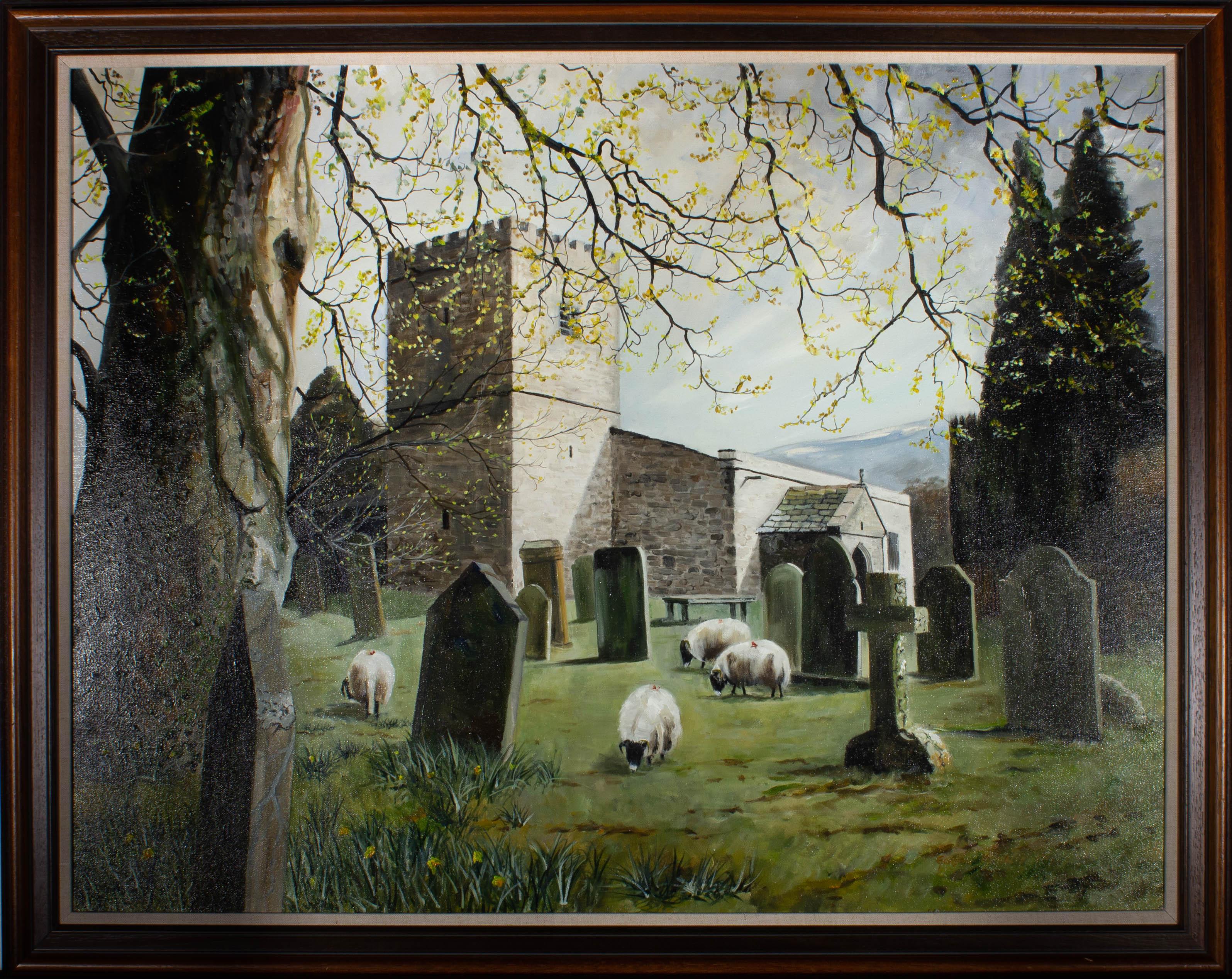 A charmingly quaint scene from the British countryside, showing a rustic village church with sheep grazing in the graveyard. The artist has signed and dated to the lower right corner and the painting has been presented in a contemporary wood frame
