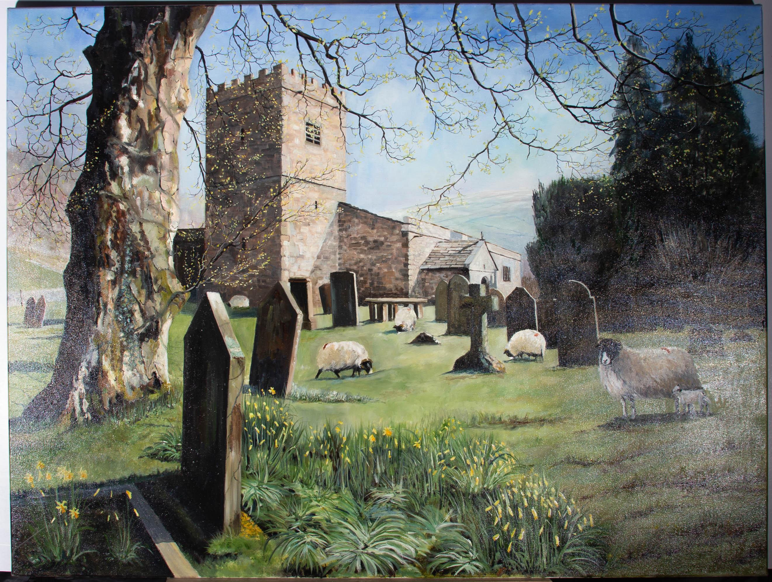 An impressively sized contemporary oil landscape showing a picturesque church grave yard in Spring with lambs and sheep grazing among the graves and daffodils. The artist has signed and dated to the lower right. On canvas.
