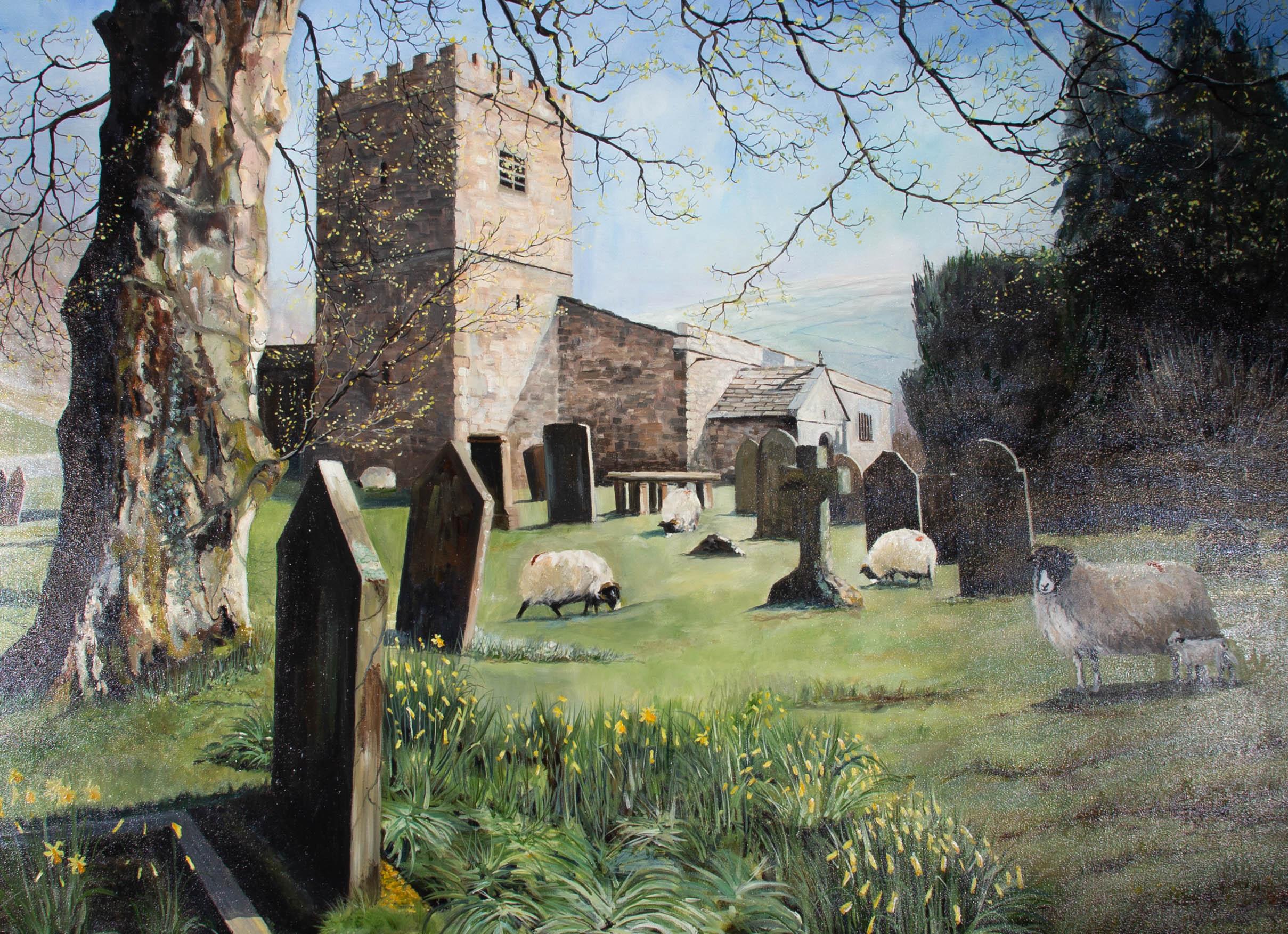An impressively sized contemporary oil landscape showing a picturesque church grave yard in Spring with lambs and sheep grazing among the graves and daffodils. The artist has signed and dated to the lower right. On canvas.
