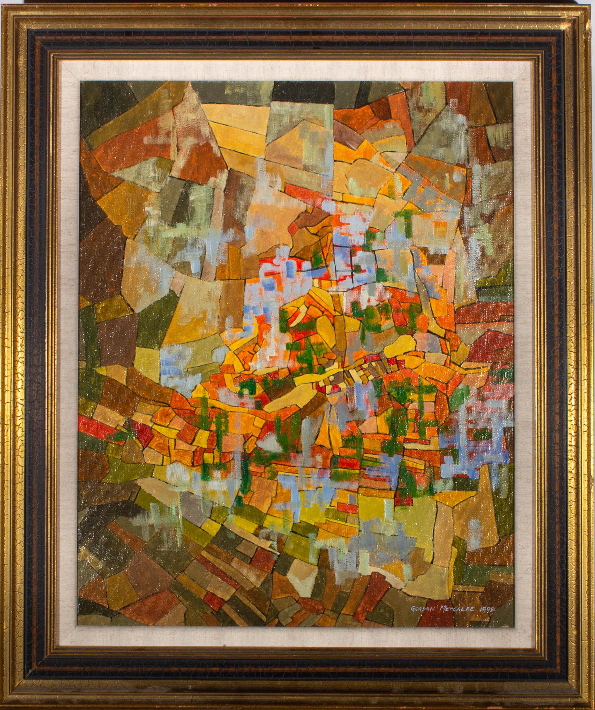 An abstract birds-eye view of patchwork field patterns near the town of Grassington in North Yorkshire. Presented in a distressed gilt-effect wooden frame with a linen slip. Signed and dated to the lower-right edge. There is a label on the verso