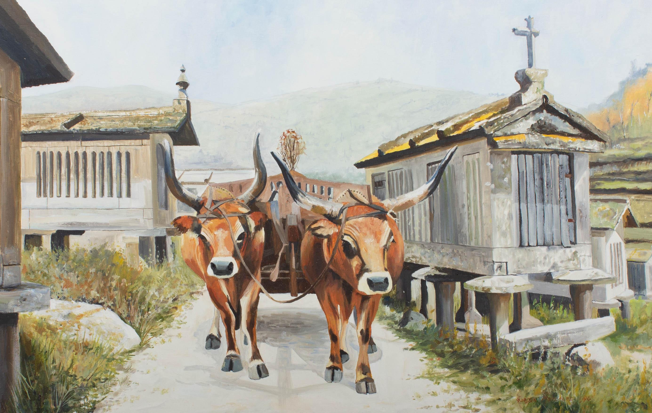 A fine 20th Century oil showing the granaries of Lindoso, Portugal, with cattle walking among them. The artist has signed and dated to the lower right and the painting has been presented in a gilt and black frame. There is a label at the reverse