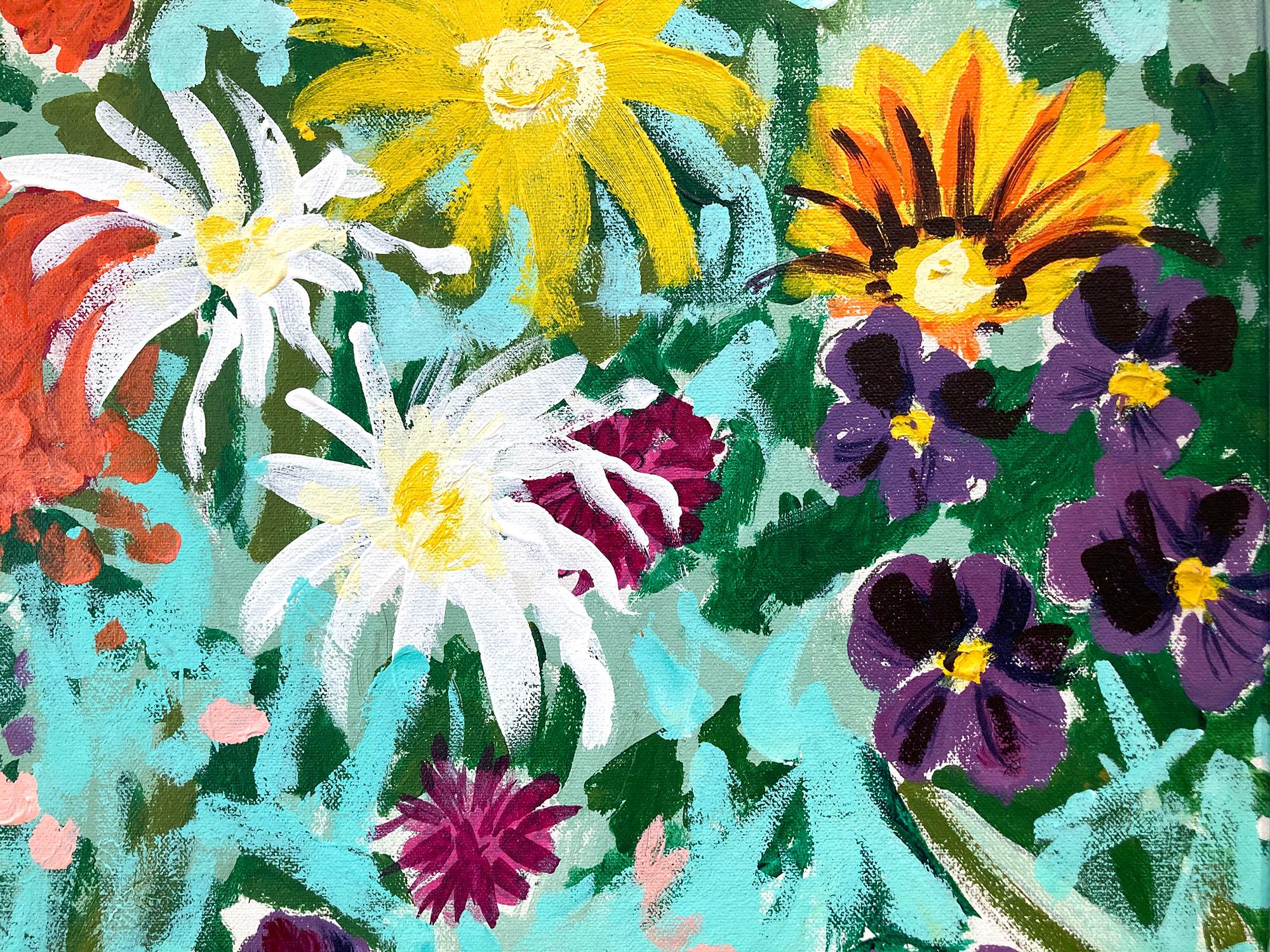 Ein lebhaftes Ölgemälde des amerikanischen Künstlers Gordon Micunis. Bekannt für farbenprächtige botanische und landschaftliche Gemälde, Theaterkulissen und Kostüme, strahlt dieses Stück Farbe und Licht in diesem hellen Blumenmuster aus. Blumen in