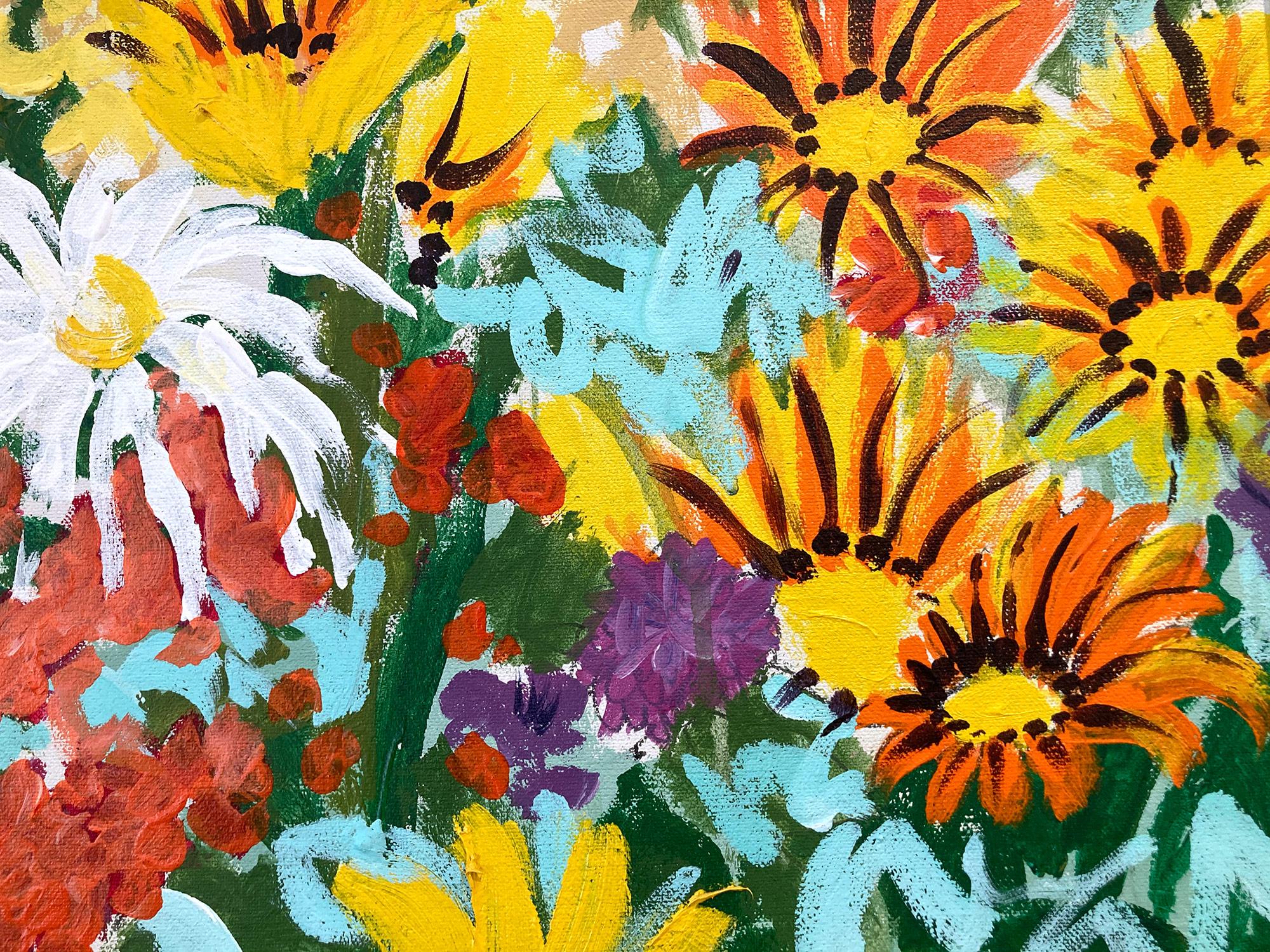 A vibrant oil painting by American artist Gordon Micunis. Known for Richly colored botanical and landscape paintings, theatre scenery and costume design, this piece exudes color and light in this bright floral. Flowers arranged in abundance over a