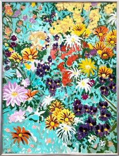 "Blossoming Flowers over Turquoise" American 20th Century Oil on Canvas Painting