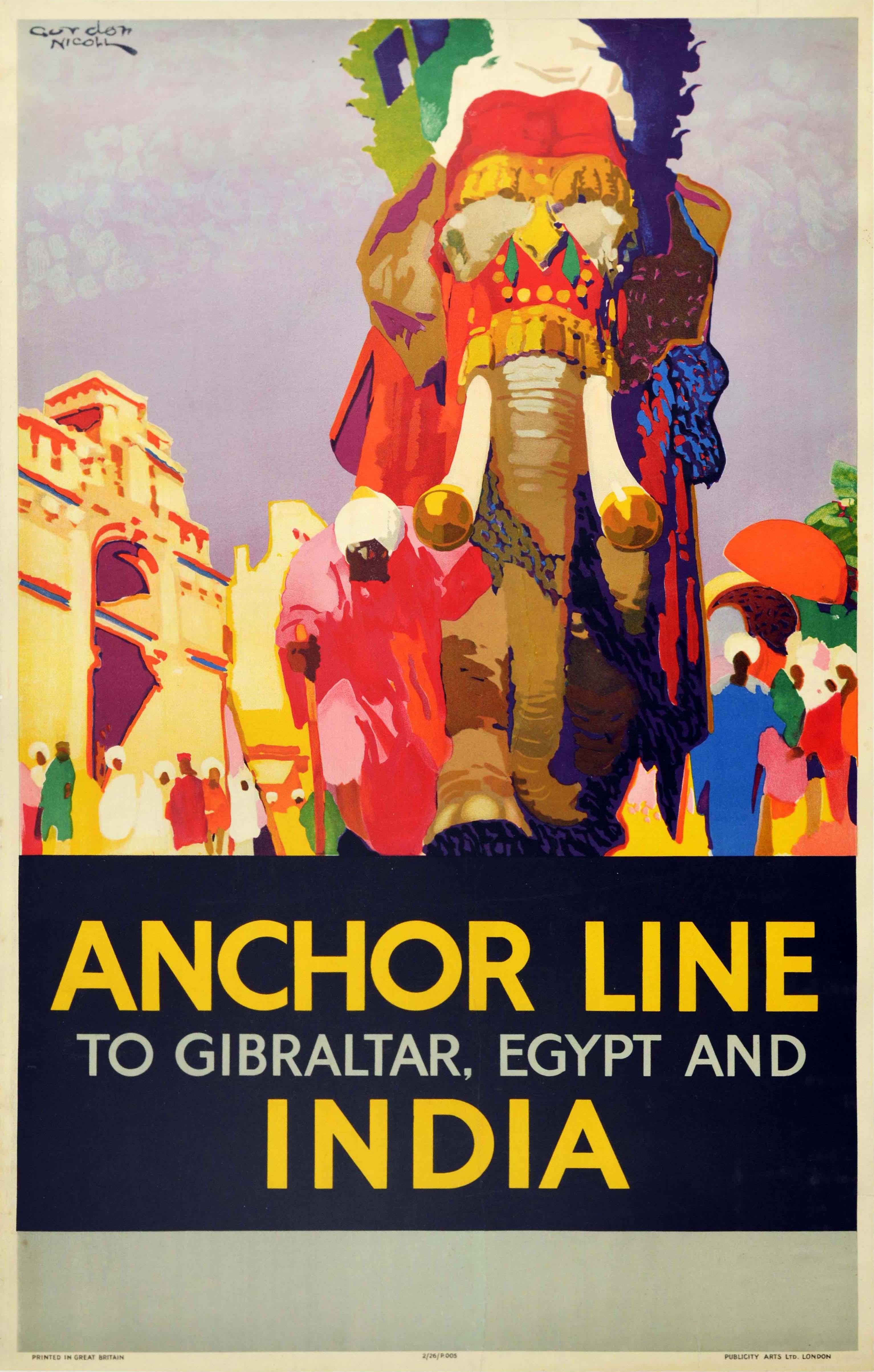 Gordon Nicoll Print - Original Vintage Cruise Travel Poster Anchor Line India Elephant Gibraltar Egypt