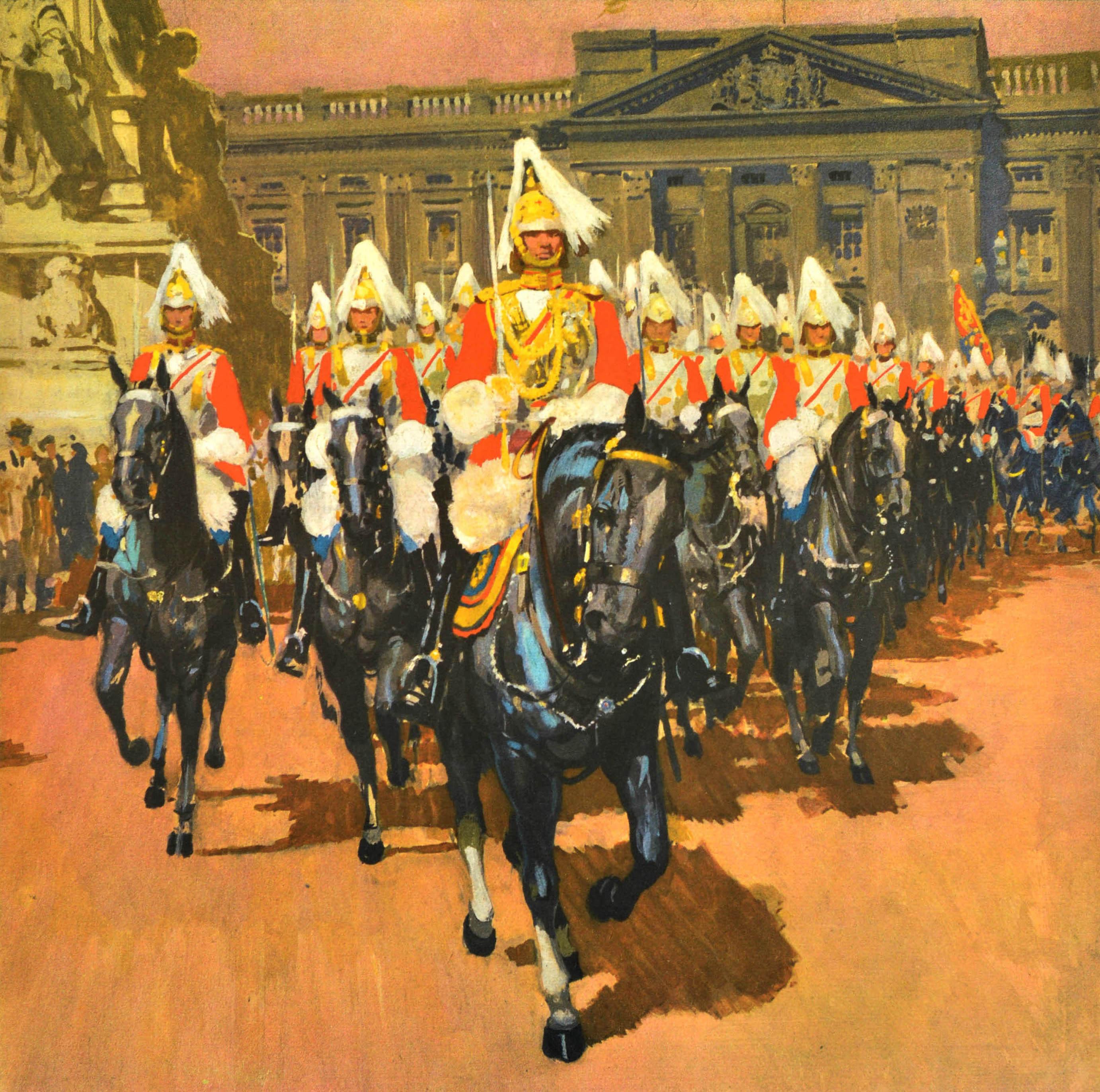 Original Vintage Travel Poster See Britain By Train Buckingham Palace Cavalry - Print by Gordon Nicoll