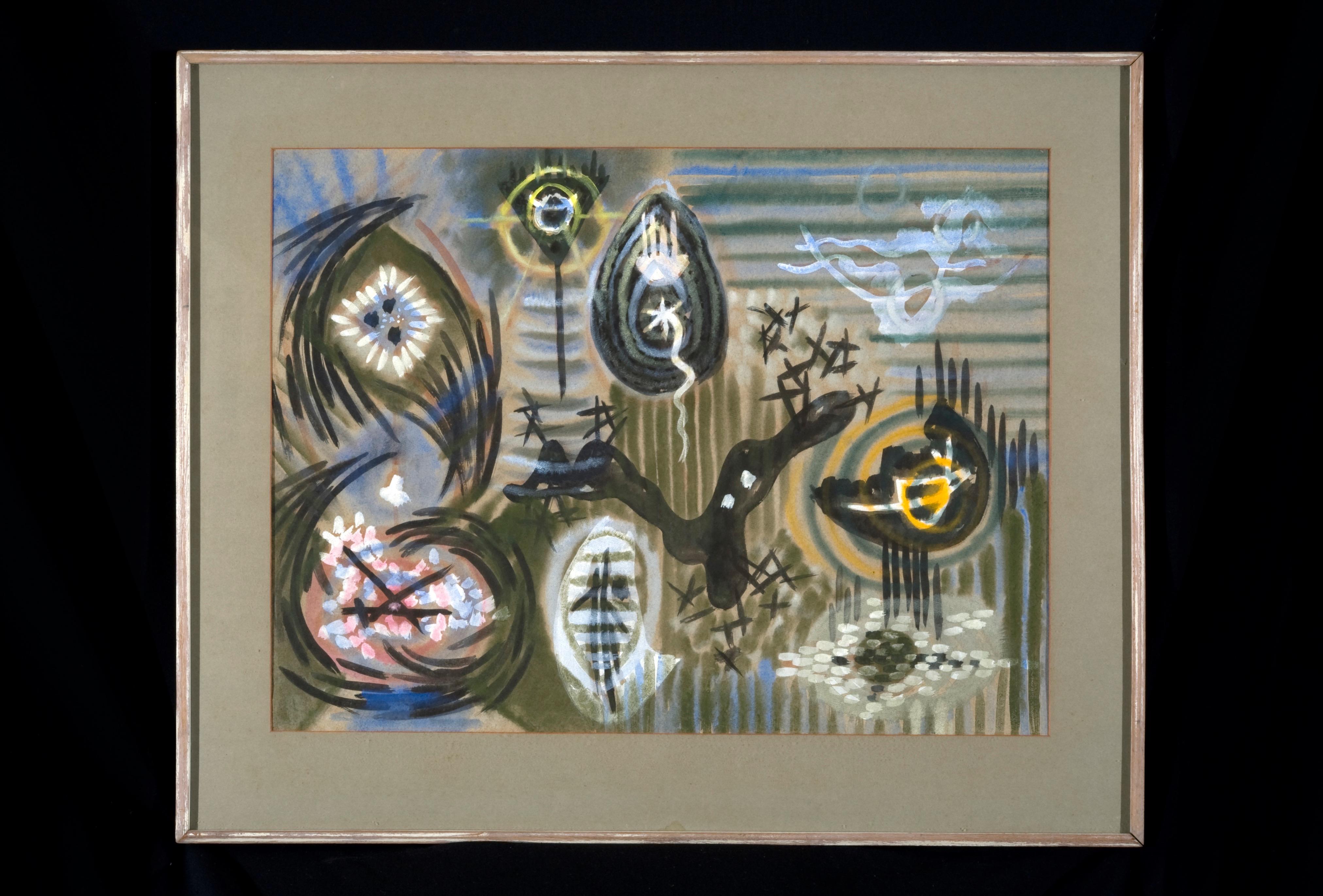 Gordon Onslow-Ford (American/English 1912-2003)
“Moongrowers”, 1951
Mixed Media on Paper
18.5 x 24.5 inches (sight dimensions)
25 x 30.5 inches framed

Gordon Onslow Ford began his artistic career in Paris in the late 30′s where he was part of the