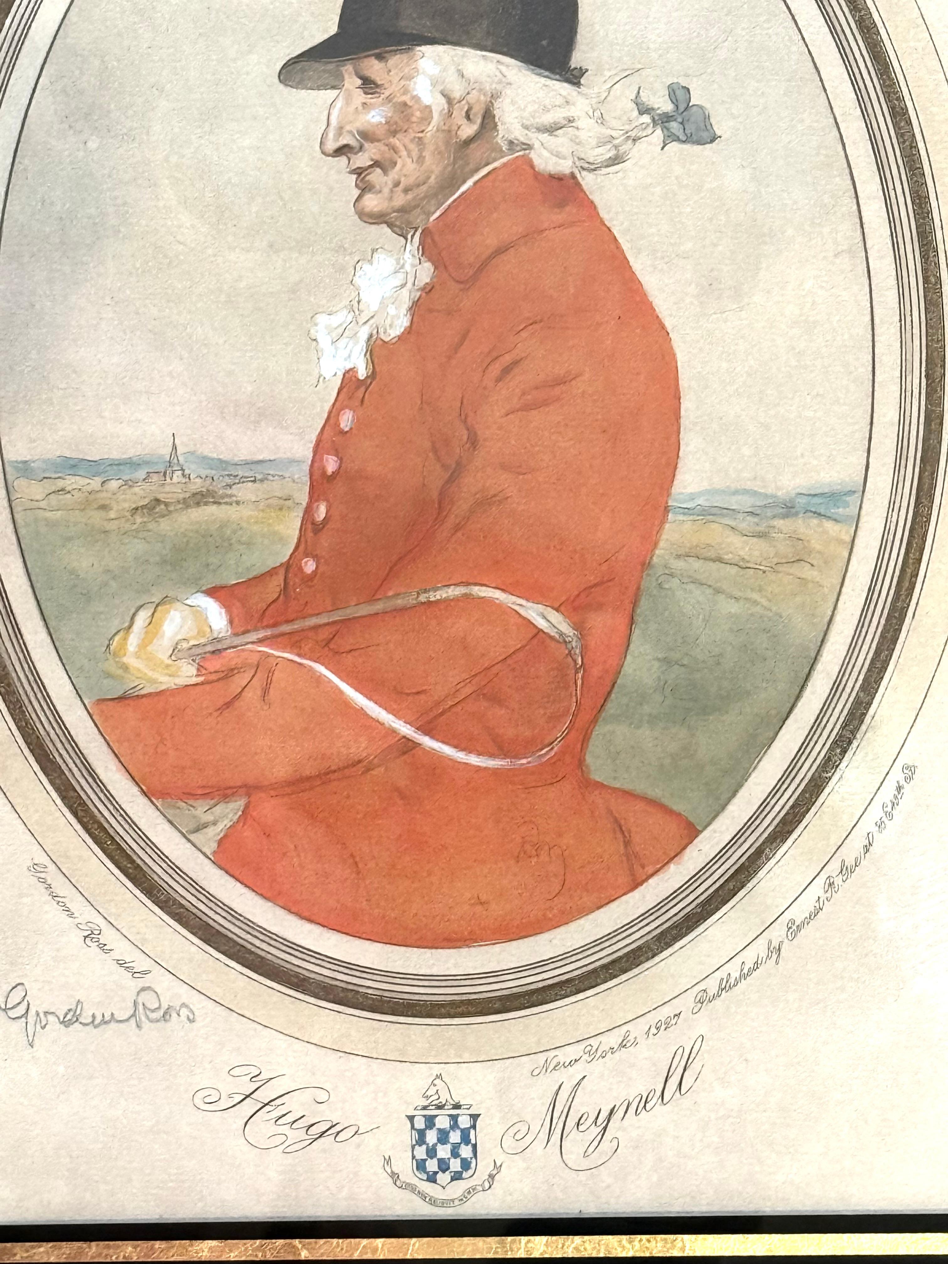 Litografia originale colorata a mano di Hugo Meynell dell'artista scozzese/americano Gordon Ross.  Fatto nel 1927.  Firmato a matita dall'artista in basso a sinistra. Le condizioni sono eccellenti.  Splendidamente opacizzato e incorniciato. Le