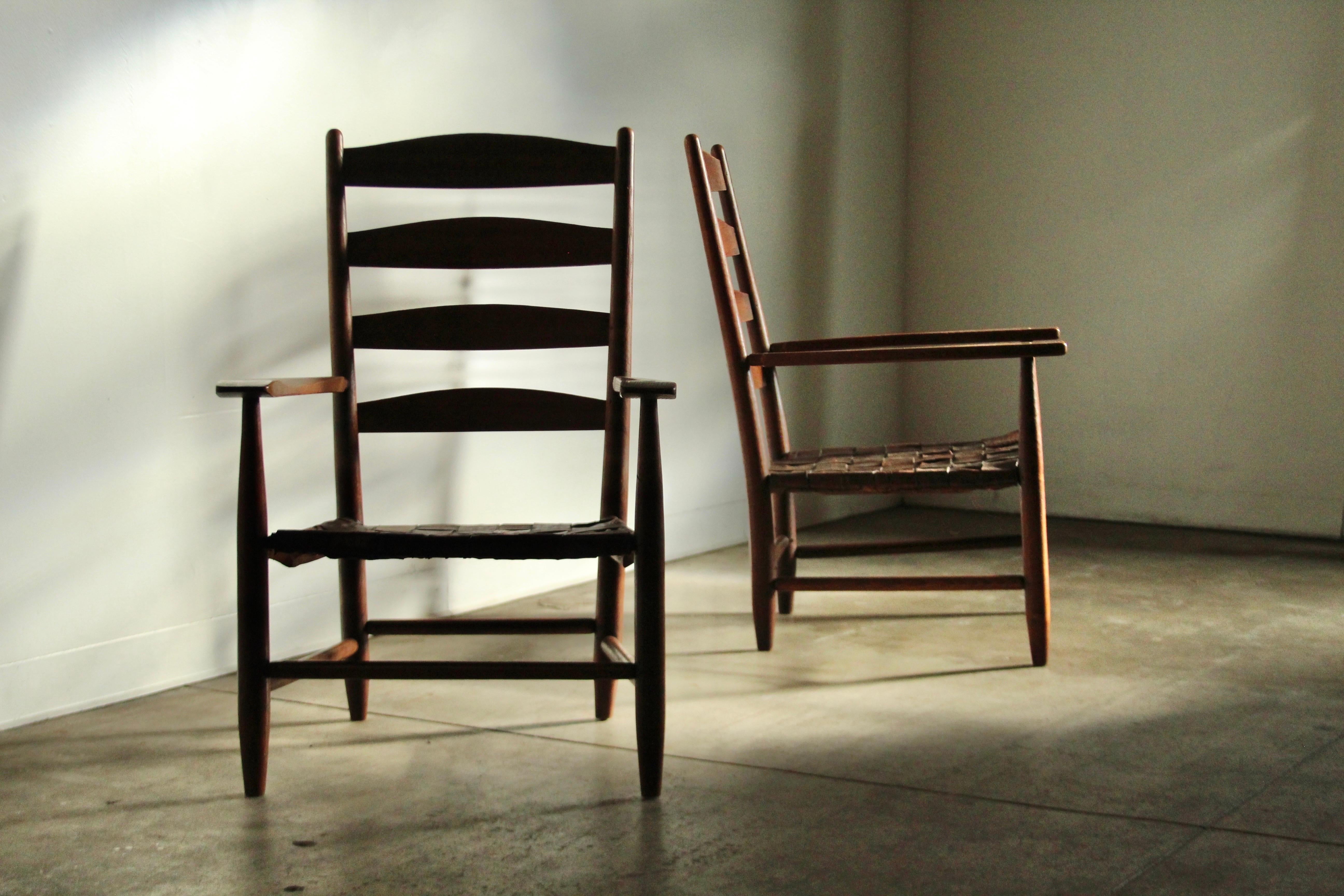 Gordon Russell Hand Built Ladder Back Oak & Woven Leather Lounge Chairs, 1904 For Sale 7