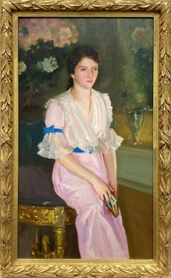 Gordon Stevenson - "Reading in the Study" Impressionist Portrait Oil Painting Woman in Pink Dress "Reading in the Study" Impressionist Portrait Oil Painting Woman in Pink Dress