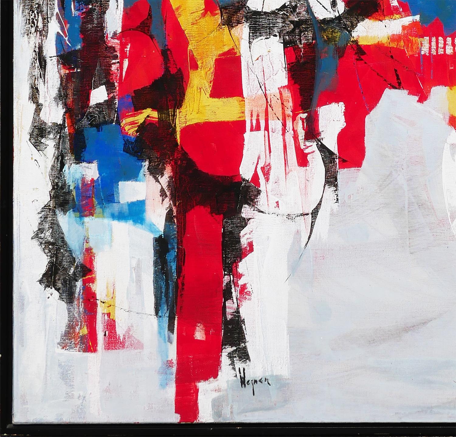 Modern abstract expressionist painting by Californian artist Gordon Wagner. The work features a colorful composition of overlapping areas of bright blue, red, and yellow tied together with black and white accents. Signed by the artist along the