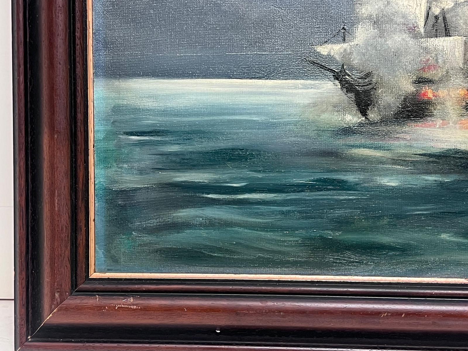 Buques de combate en el mar Enfrentamiento naval Pintura al óleo británica firmada - Painting Moderno de Gordon Wood Armstrong
