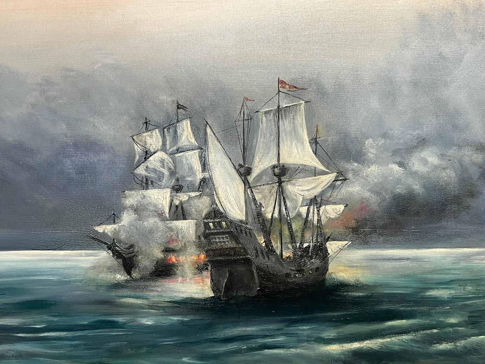 Battle Ships at Sea Naval Engagement Signed British Oil Painting For Sale 3