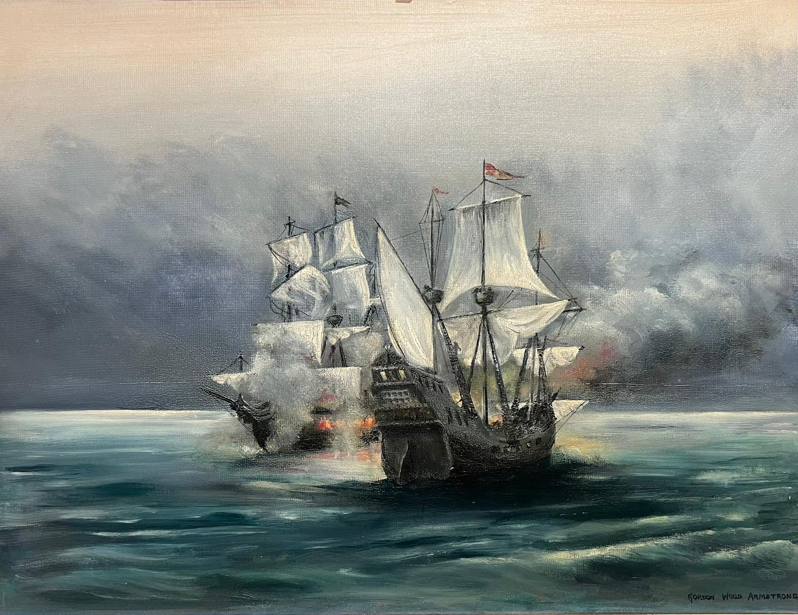 Gordon Wood Armstrong Figurative Painting - Battle Ships at Sea Naval Engagement Signed British Oil Painting