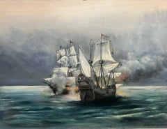 Battle Ships at Sea Naval Engagement Signed British Oil Painting