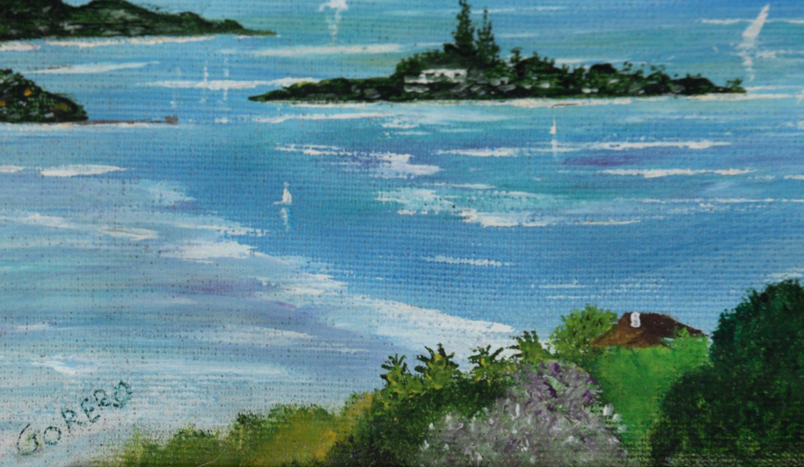 Baia di Kaneohe, Hawaii 1989 - Olio su tela

Quadro a olio della baia di Kaneohe, Hawaii, di Gorero (americano, XX secolo). A Windward Oahu, le barche a vela circondano le isole Hawaii con le montagne di un verde intenso in lontananza. Le acque di