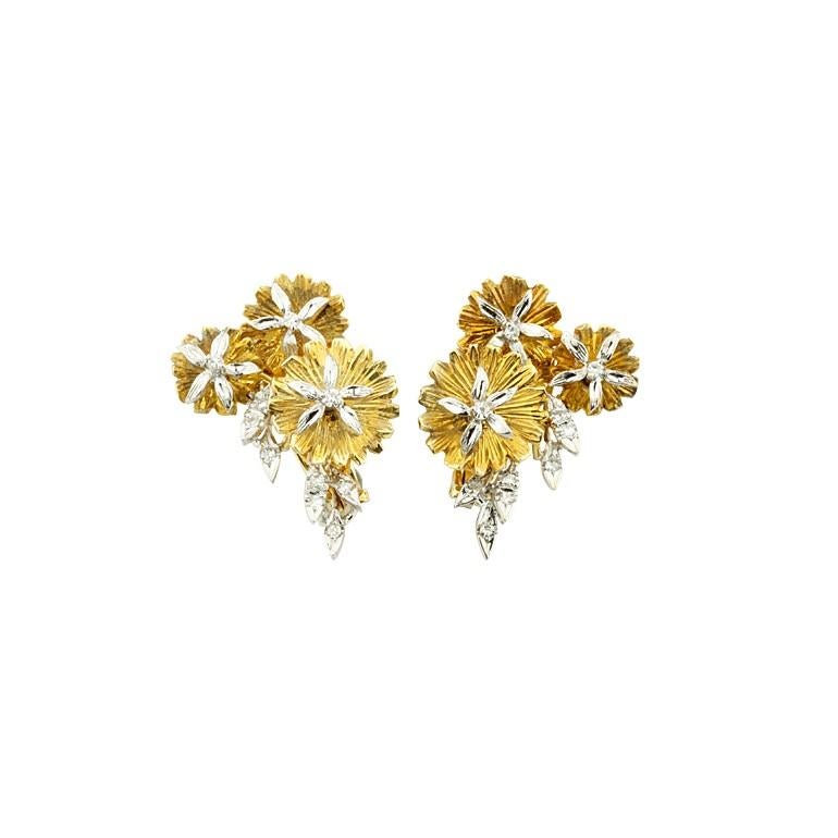 Round Cut Gorgeous 0.30 Carat Diamond Flower Huggie Earrings in Two-Tone Gold For Sale