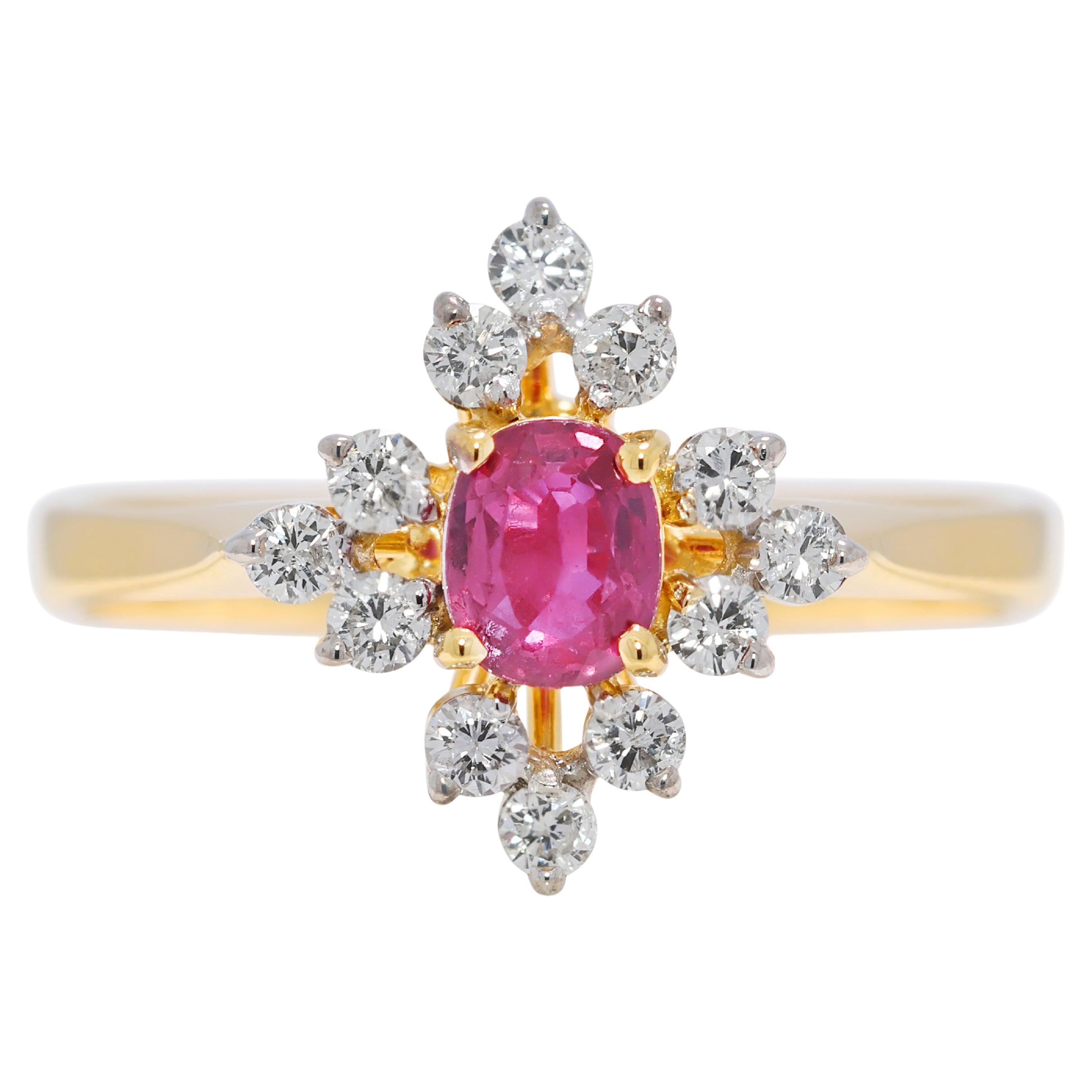 Magnifique bague florale en or jaune 14K avec rubis et diamants de 0,42ct