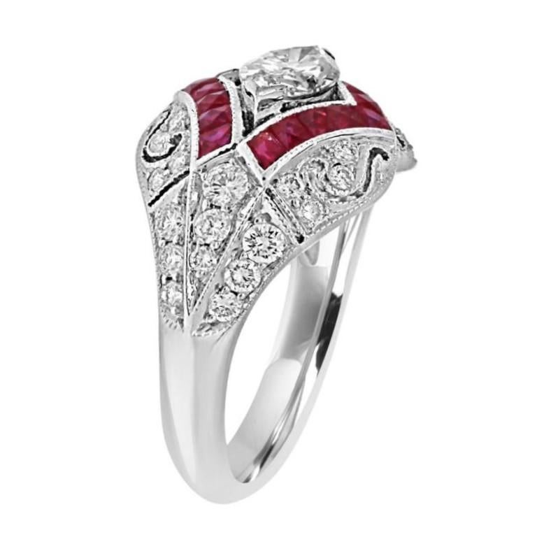 Marquise Cut Sophia D, 0.58 Carat Marquise Antique Reproduction Diamond and Ruby Ring  For Sale