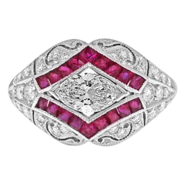 Sophia D, 0.58 Carat Marquise Antique Reproduction Diamond and Ruby Ring  For Sale