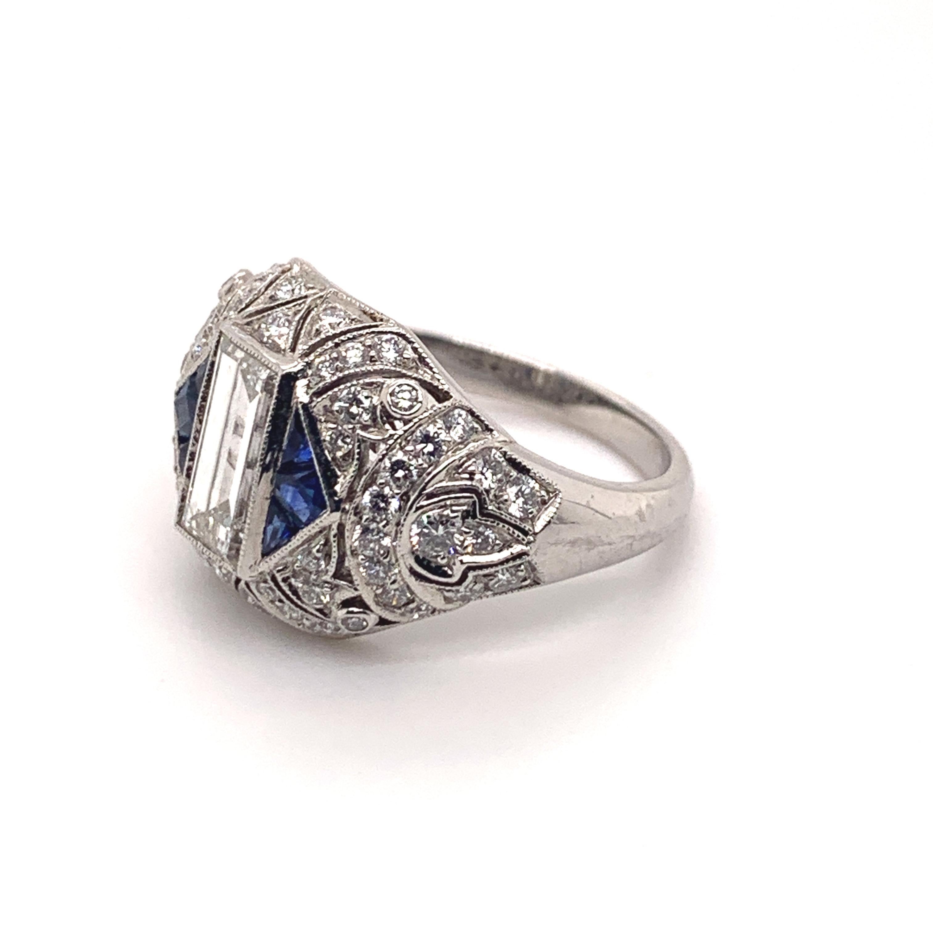 Baguette Cut Sophia D, 0.94 Carat Diamond and Sapphire Platinum Ring For Sale