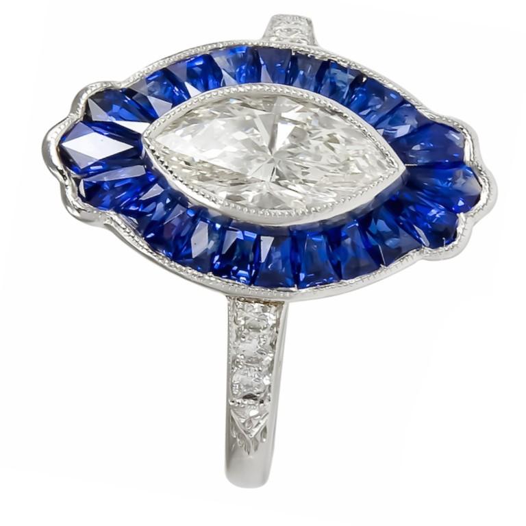 Women's Sophia D. 0.95 Carat Marquise Cut Center Diamond and Blue Sapphire Platinum Ring For Sale