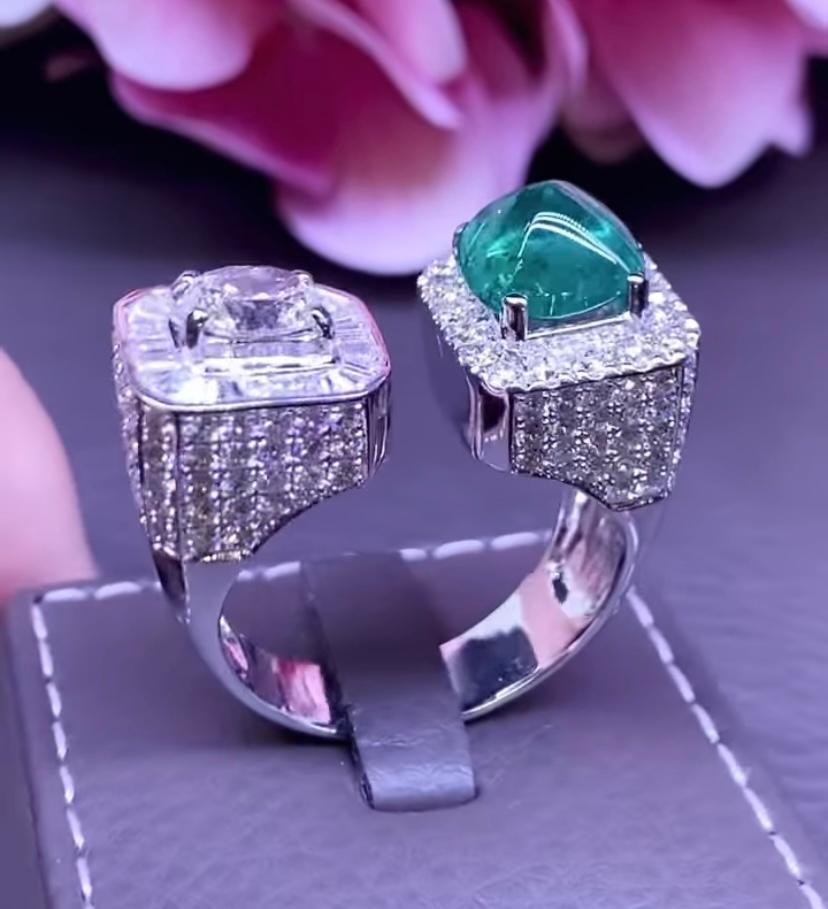 Contemporary AIG Certified 5.31 Ct Zambia Emerald GIA 1 Ct Diamond 18K Gold Ring For Sale