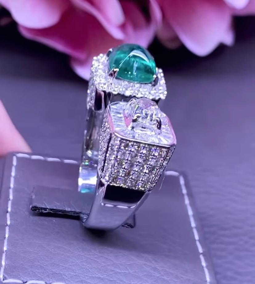 AIG Certified 5.31 Ct Zambia Emerald GIA 1 Ct Diamond 18K Gold Ring  For Sale 1