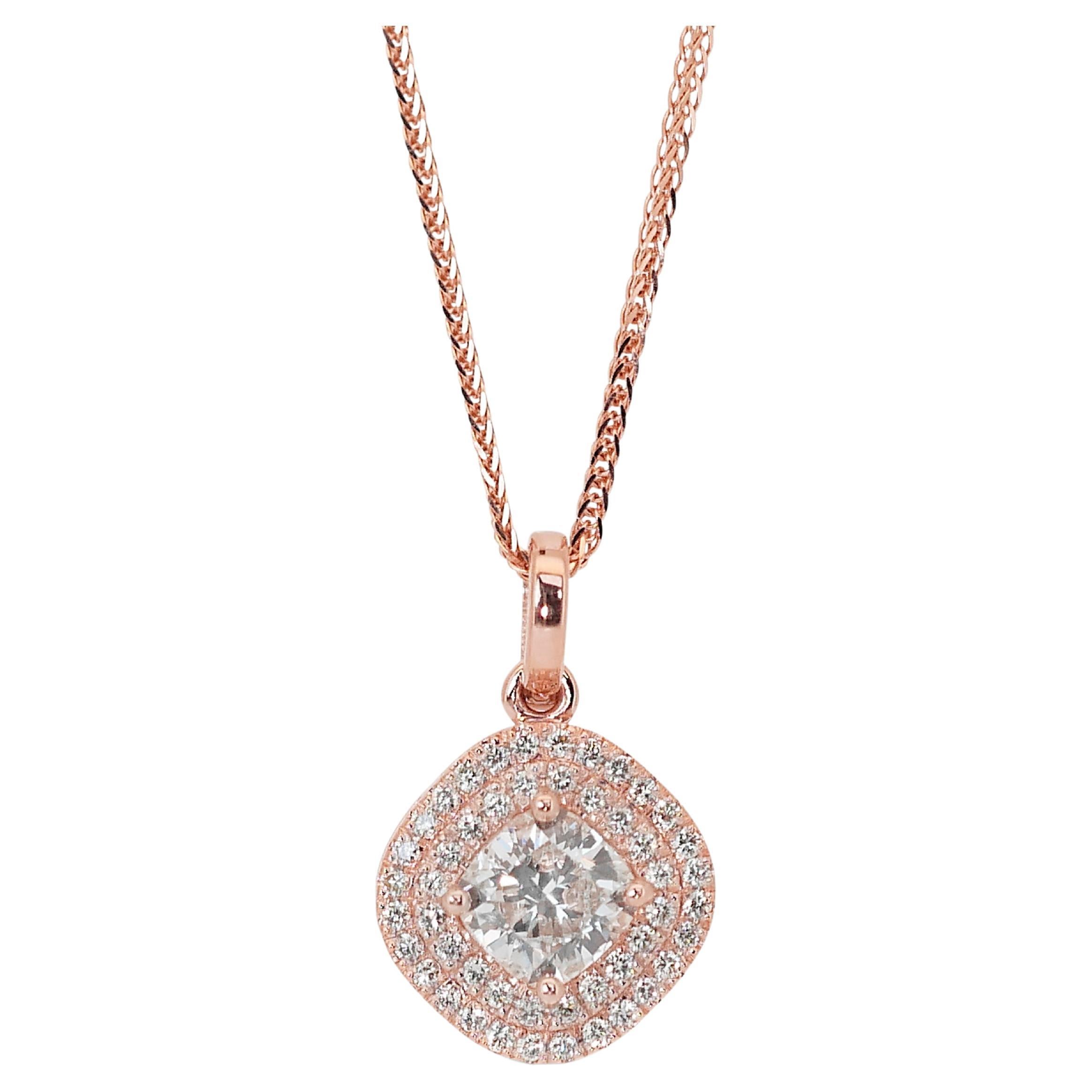 Gorgeous 1.00ct Diamonds Double Halo Necklace in 14k Rose Gold - IGI Certified For Sale